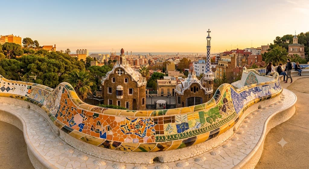 Colorful mosaic architecture at Park Güell overlooking Barcelona’s skyline.
